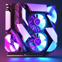 A graphics card with a series of fans with cyanotic purple backlighting in a futuristic design - generative ai