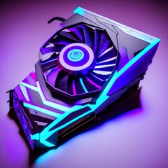 A graphics card with a series of fans with cyanotic purple backlighting in a futuristic design - generative ai