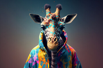 Giraffe in a scratchy hoody surrounded by a vivid color bomb explosion background, ultra-realistic rendering, ideal for colorful wall art, home décor, and gifts for animal lovers. Generative AI