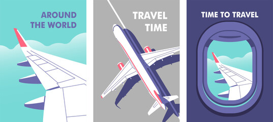 View through the porthole of aircraft. Passenger plane parked on the runway. Travel, journey concept. Perfect background on the theme of season vacation, weekend. Vector illustration.