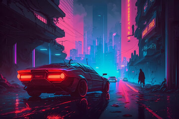 Cyberpunk car retro 80s sport style. Futuristic supercar in cyber punk modern neon city, night lights. Game speed race and future technology background. Generated by artificial intelligence