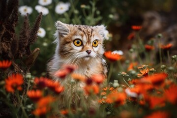 Naklejka na ściany i meble In the midst of the flowers is an owl. Generative AI