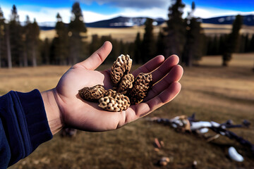 Holding a freshly picked morel mushroom. Generative Ai