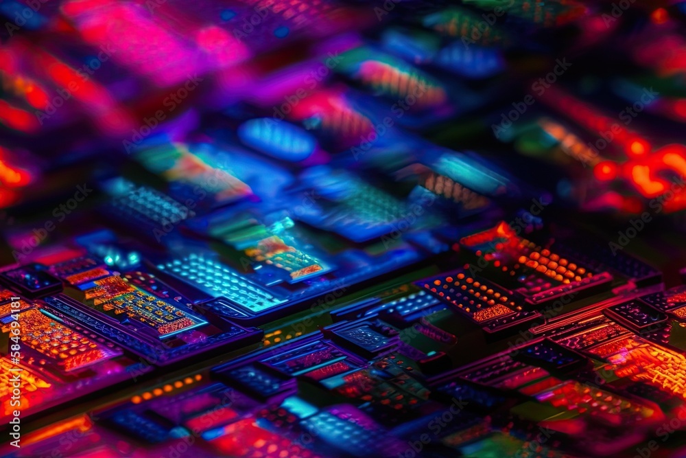 Poster macro of neon colored silicon wafer integrated circuits used to create cpu and gpus. generative ai