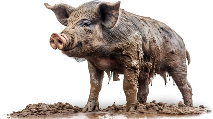 pig in mud, isolated, white background, generative ai