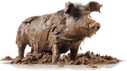 pig in mud, isolated, white background, generative ai