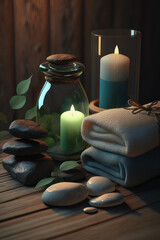 Candles, stones and towels. Spa. Vertical illustration. AI generative.