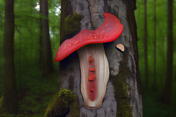 Red-belted conk (Fomitopsis pinicola) mushroom on a tree trunk. Generative Ai - obrazy, fototapety, plakaty