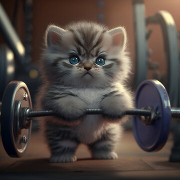kitten athlete with a barbell, cat bodybuilder, generative ai