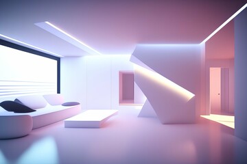 Abstract architectural white interior of a minimalist house with color gradient neon lighting - generative ai