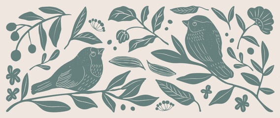 Abstract natural hand drawn pattern design with green bird, flower, leaves. Simple contemporary style illustrated Design for fabric, print, cover, banner, wallpaper.