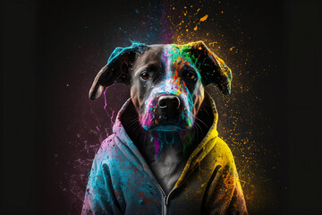 Dog in a scratchy hoody surrounded by a vivid color bomb explosion background, ultra-realistic rendering, ideal for colorful wall art, home décor, and gifts for animal lovers. Generative AI
