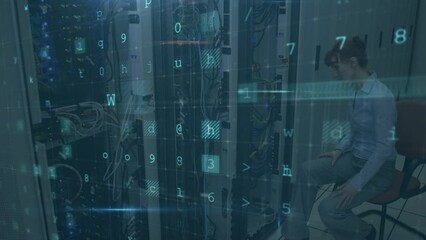 Animation of cyber attack text and data processing over caucasian female it technician by server - Powered by Adobe