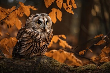 Autumn in nature with owl. Ural Owl, Strix uralensis, sitting on tree branch with orange leaves in oak forest, Norway. Wildlife scene from nature. Generative AI