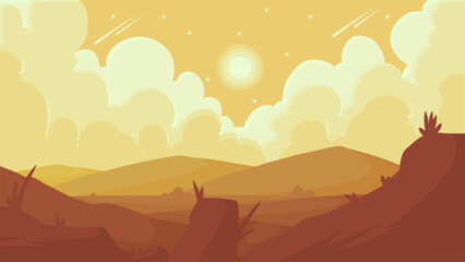 landscape hill view background with vector illustration of clouds and moon and stars