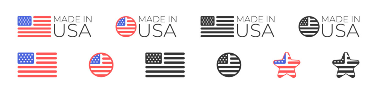 Made in United States of America vector stamp icon set. USA national product badge label.