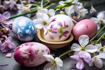 Decorate Easter eggs with the beauty of spring flowers. Generative AI