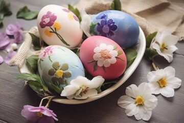 Obraz na płótnie Canvas Decorate Easter eggs with the beauty of spring flowers. Generative AI