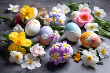 Decorate Easter eggs with the beauty of spring flowers. Generative AI