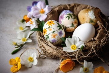 Decorate Easter eggs with the beauty of spring flowers. Generative AI