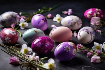 Decorate Easter eggs with the beauty of spring flowers. Generative AI