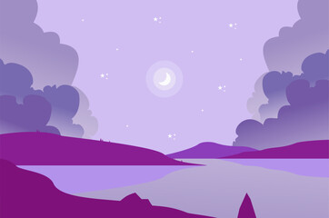 Fototapeta na wymiar A purple landscape with a river and a moon on the horizon.