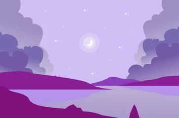 Selbstklebende Fototapeten A purple landscape with a river and a moon on the horizon. © mesym