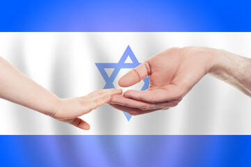Izraeli baby and parent hands on the background of flag of Izrael Help, aid, support, charity concept - obrazy, fototapety, plakaty