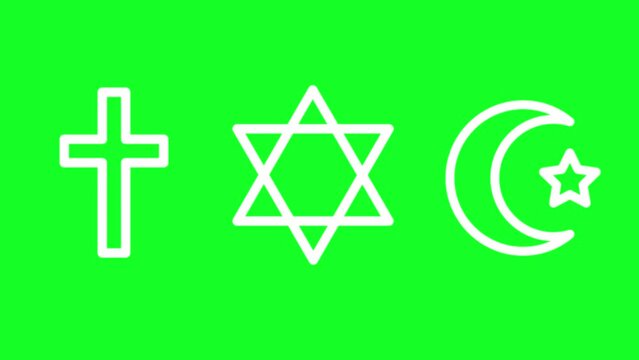 Animated religions white line icons. Islam, Christianity and Judaism. Loop HD video with chroma key, alpha channel on transparent background, black solid background. Outline motion graphic animation
