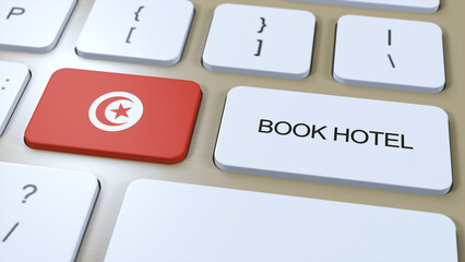 Book hotel in Tunisia with website online. Button on computer keyboard. Travel concept 3D animation. Book hotel text and national flag. 3D illustration