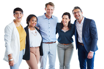 Businesspeople, smile and hug for collaboration and support while isolated on a png background. Transparent, diverse corporate office group are excited for united teamwork while cheerful