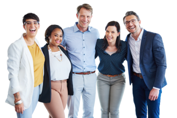 Businesspeople, smile and hug for collaboration and support while isolated on a png background. Transparent, diverse corporate office group are excited for united teamwork while cheerful