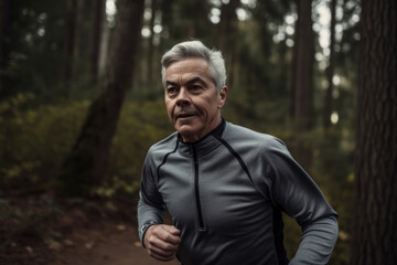 Naklejka na ściany i meble senior male with grey hair keeping fit by jogging in a park. Generative ai