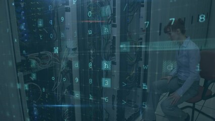 Animation of cyber attack text and data processing over caucasian female it technician by server - Powered by Adobe