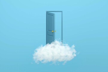 White fluffy clouds going through open door, objects isolated on blue background. Modern minimal concept. 3d rendering 