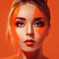 Beautiful woman with long blonde hair standing against an orange background. She has orange artwork painted on her face, which adds an element of creativity and playfulness.
