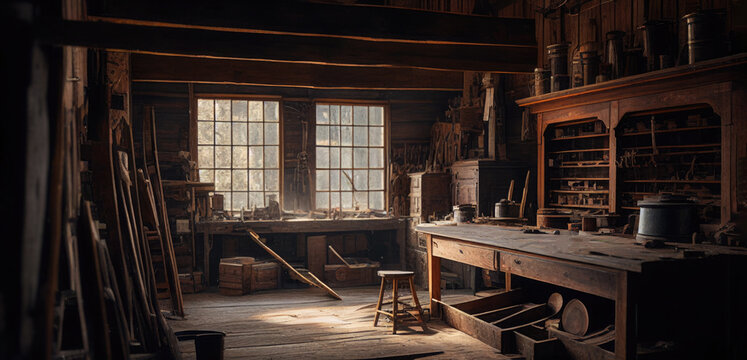 fine wood working or woodworking scene. Wide format. Hand edited generative AI. 