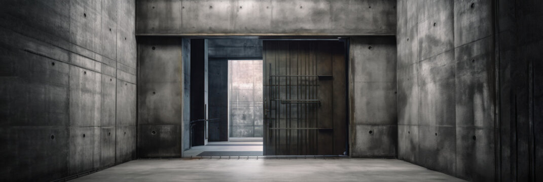 A concrete room or cell with Heavy steel doors. Doors opened. Generative AI.
