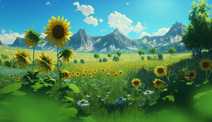 Sunflowers in a mountain landscape
