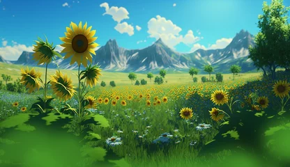 Abwaschbare Fototapete Grün Sunflowers in a mountain landscape