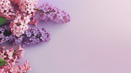 Top view of spring flowers on a background of violet, lilac and purple tones. Generative AI