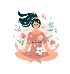 Woman meditating. Self care, self love, harmony. Isolated illustration.