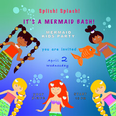 Fototapeta premium Mermaid kids party invitation card with cute little mermaids with bubbles and fish. Pretty underwater characters. Mermaid girls. Splish! Splash! Editable vector illustration with sample text
