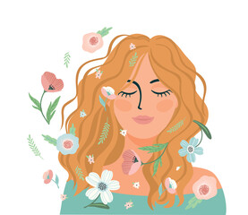 Portrait of cute girl with flowers. Self care, self love, harmony. Isolated illustration.