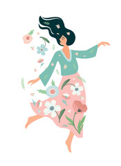 Woman dances with flowers.Self care, self love, harmony. Isolated illustration.