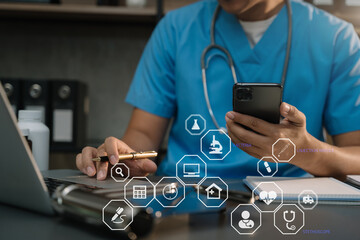 Medicine doctor hand working with modern digital tablet computer and smartphone interface as medical network concept.