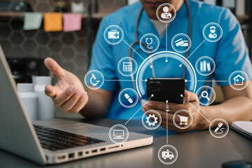 Medicine doctor hand working with modern digital smartphone and tablet computer interface as medical network concept.