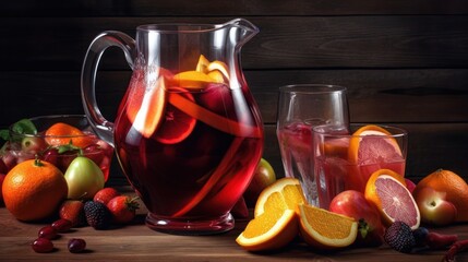 Homemade red wine sangria with orange apple strawberry, generative ai
