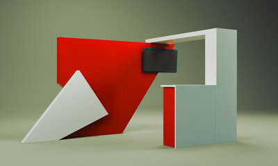Advertising Booth 3d Mockup, Retail Trade Stand With Red Counter, Advertising POS POI Promotion counter, 3D rendering	