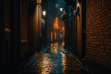 Old wet street at night. Generative AI.